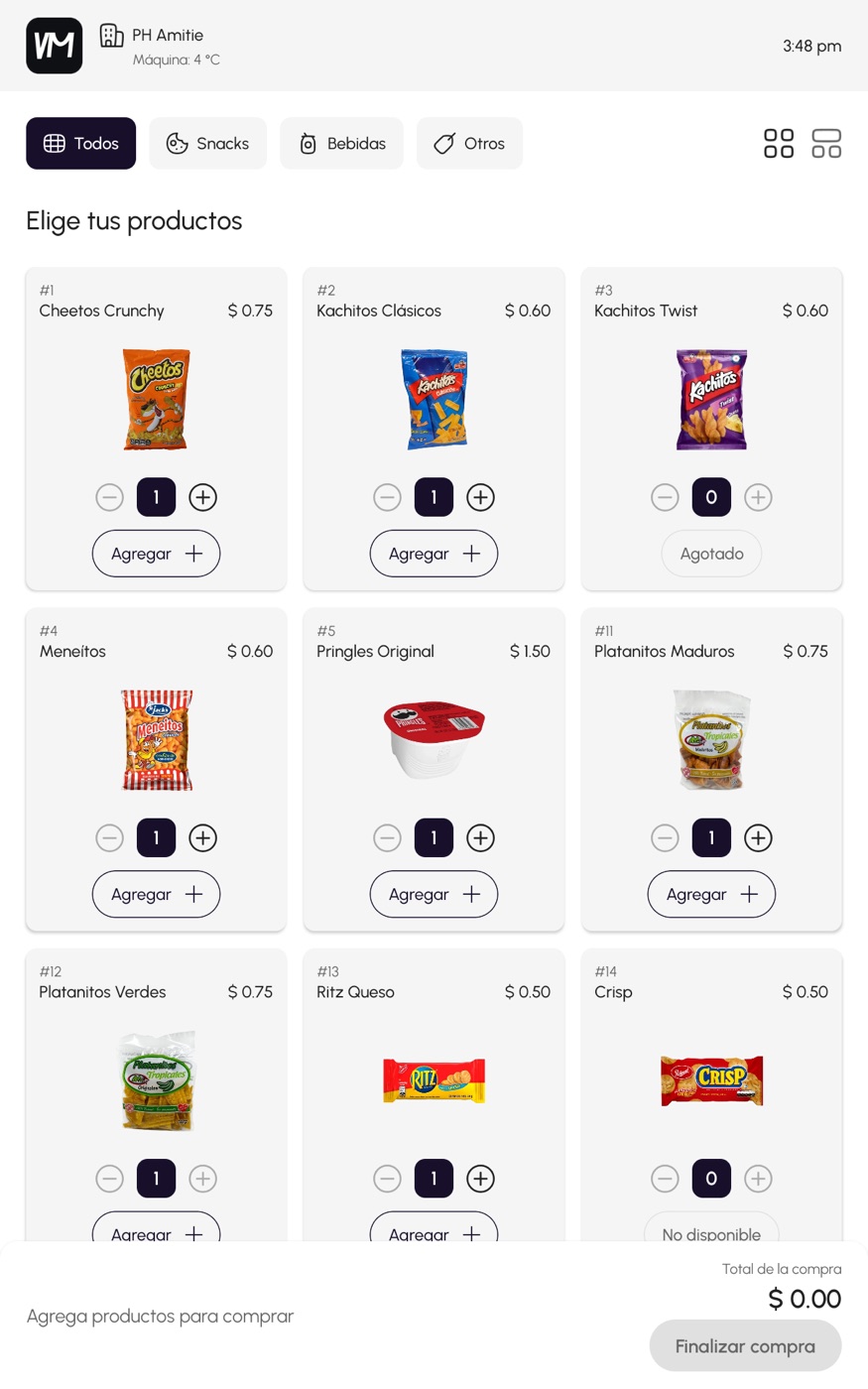 MyVM sales screen with products in a grid