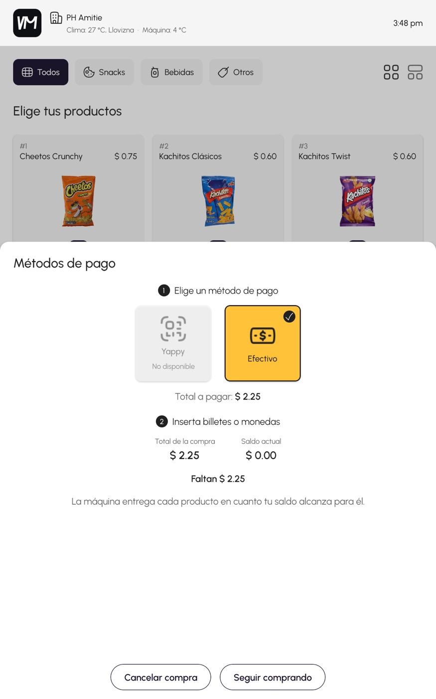 Payment screen on the machine: the customer picks Yappy or cash